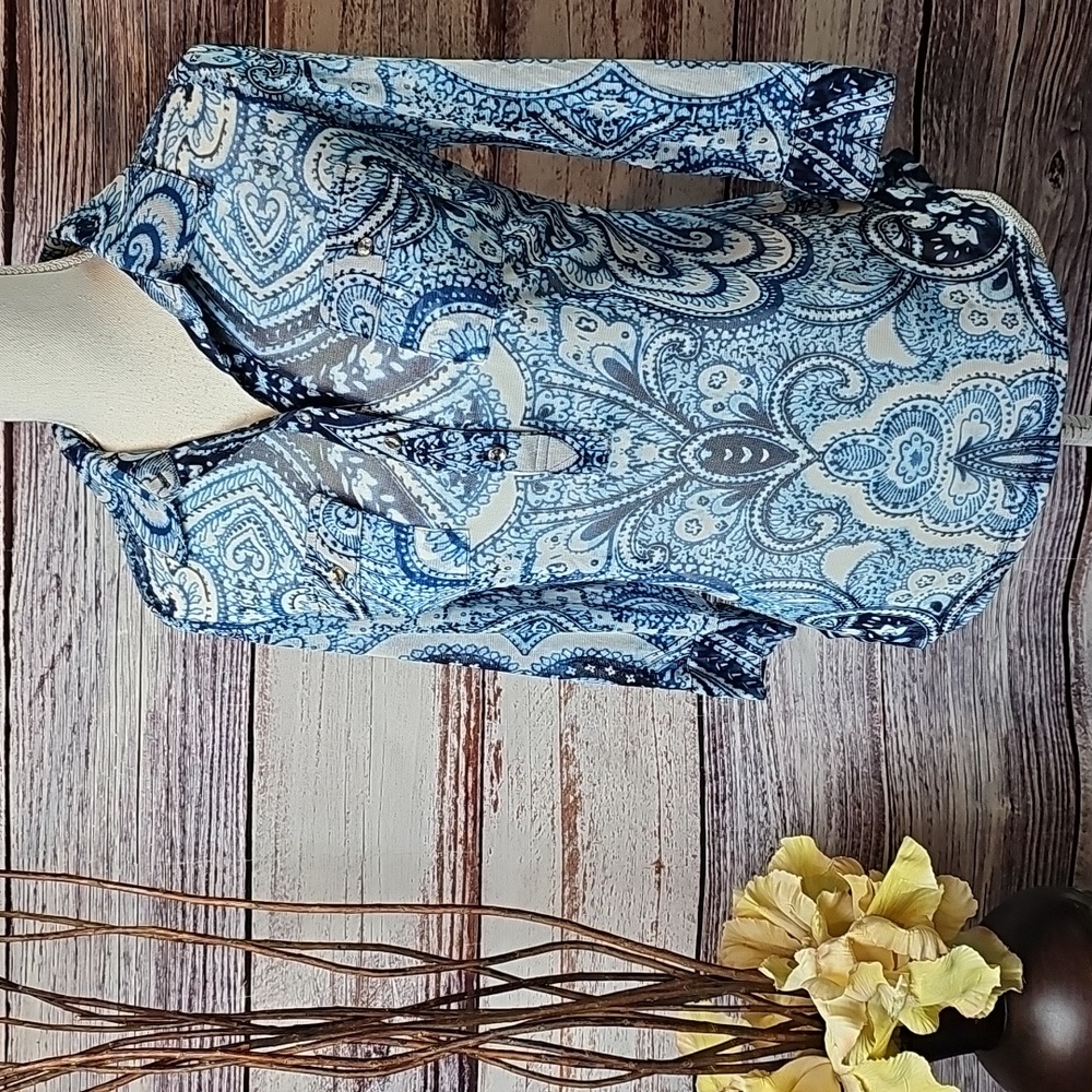 NEW INC INTERNATIONAL CONCEPTS SHEER BLUE PAISLEY 3/4 ROLL-TAB SLEEVE BLOUSE TOP